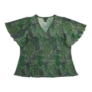 Russell Kemp Flutter Sleeve Top Women's‎ 3X Green V-Neck Rolled Hem Stretch EUC